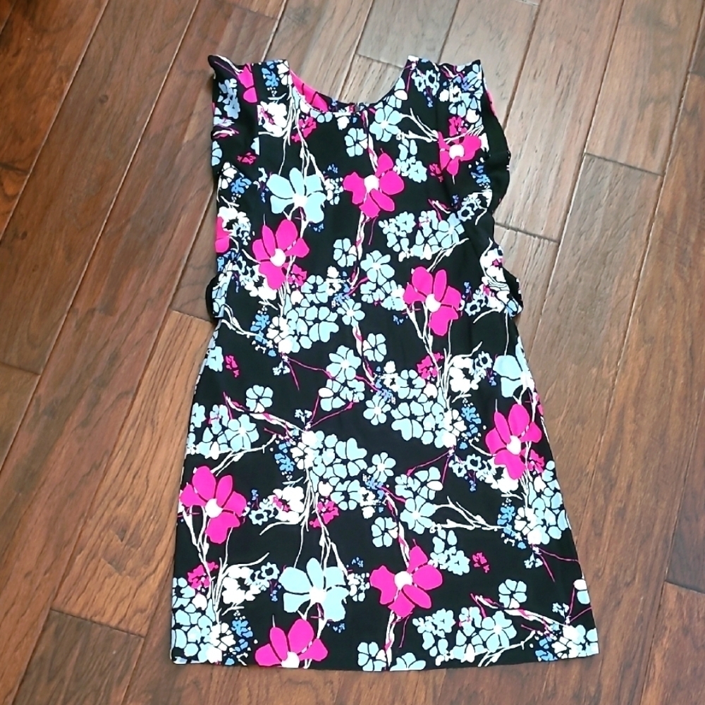 Kaari Blue Dark Floral Sleeveless Dress with Ruffle Detail size Medium